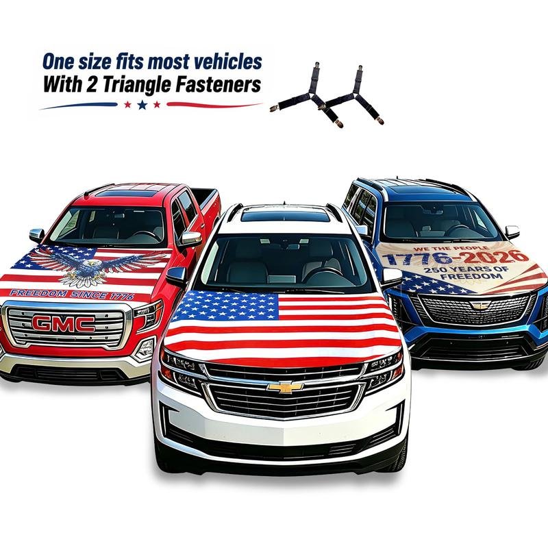 American Flag Car Hood Cover With Dual Triangle Clips Fits Trucks SUVs Sedans