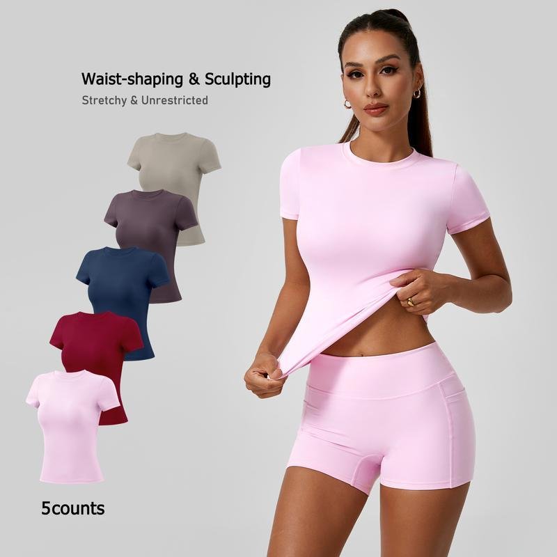 Solid Color Sports T-Shirt Set - Round Neck Slim Fit Elastic Yoga Fitness