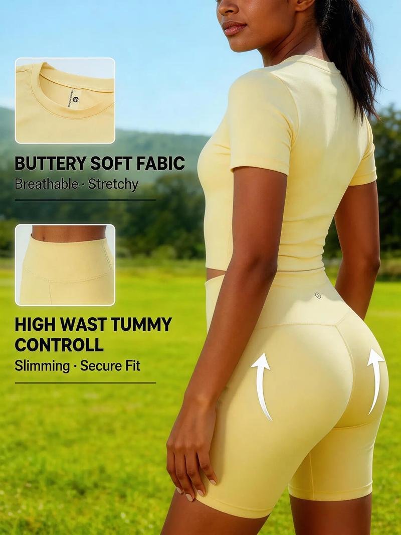 Women's Style Solid Color Round Neck Short Sleeve Sports T-Shirt - 2pcs Accessory Set